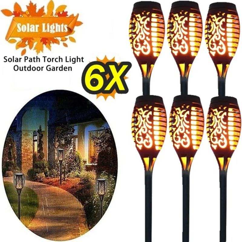 6Pcs 12LED Solar Lights Garden Flickering Flame Torch Path Light Dancing Flame Lighting Dusk to Dawn  Torches Waterproof Lamp