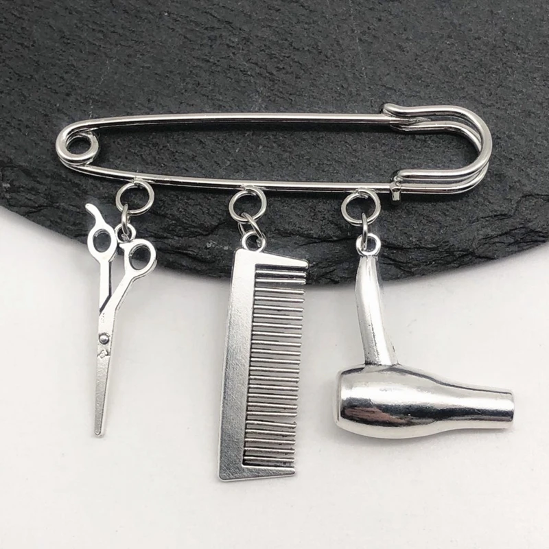 Creative Personality Hair Stylist Brooch Charm Jewelry Hairdressing Scissors Comb Pendant Washing and Cutting Brooch