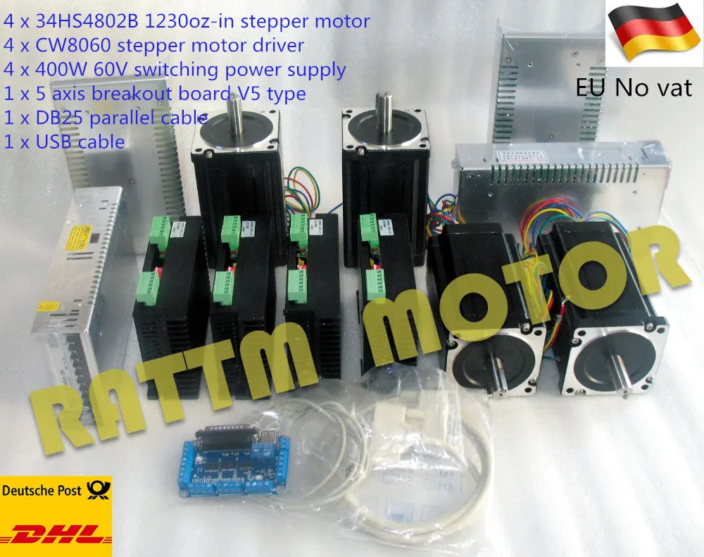 4 Axis CNC Controller Kit Nema 34 Stepper Motor (Dual shaft) 1230oz-in 5.0A 116mm & Driver & Power supply