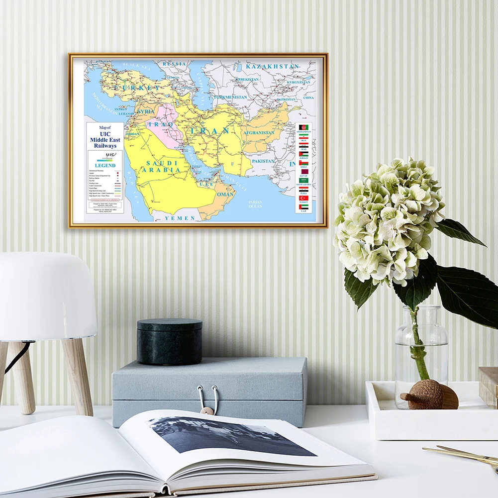 59*42cm Map of Middle East Railways with Country Flags Vintage Poster Canvas Painting Home Decoration Travel School Supplies