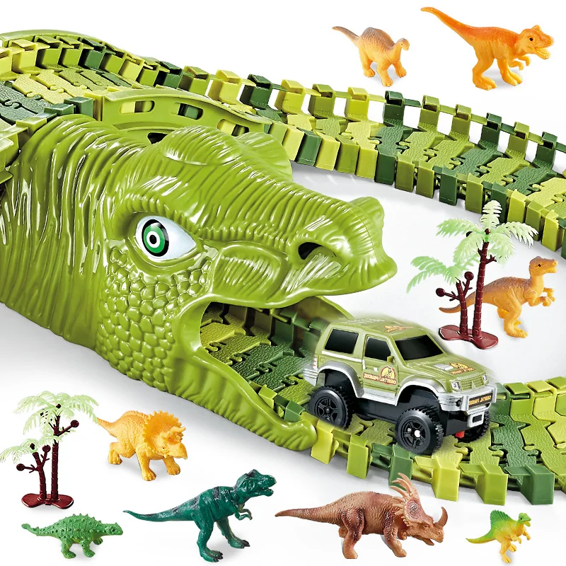 Dinosaur Race Track Set Rail Car Toys Assembly Bend Flex Racing Track Led Electronic Flash Light Car Toys for Children