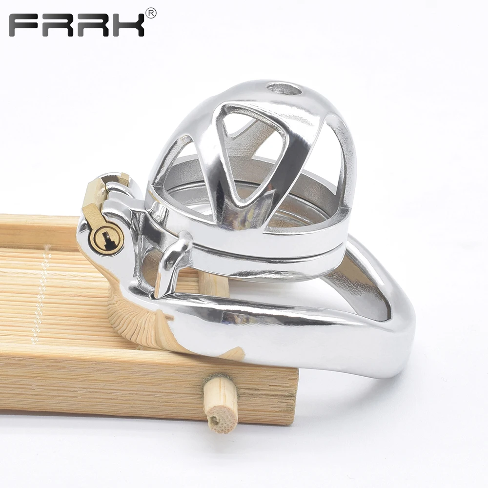 FRRK Small Chastity Belt Lock for Men Metal Cock Cage with Urethral Tube Steel Male Bondage Device Adult Games Erotic Penis Ring