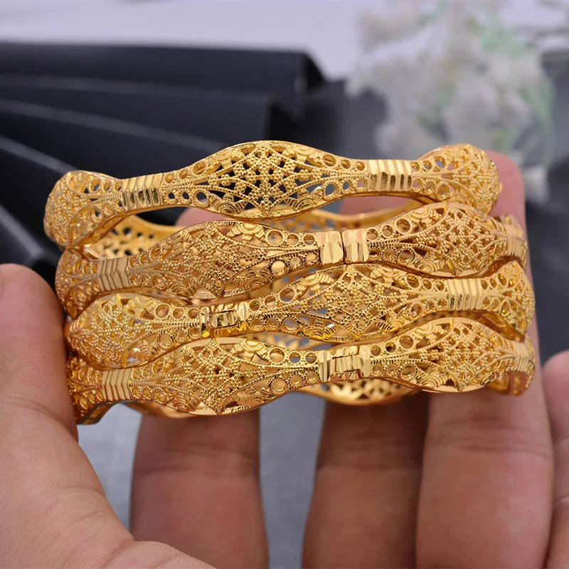 

Trendy 4pcs/lot Gold Color Bangles For Women/Girl Luxury Curved bracelet Jewelry Party Gifts Free Size Gift Package