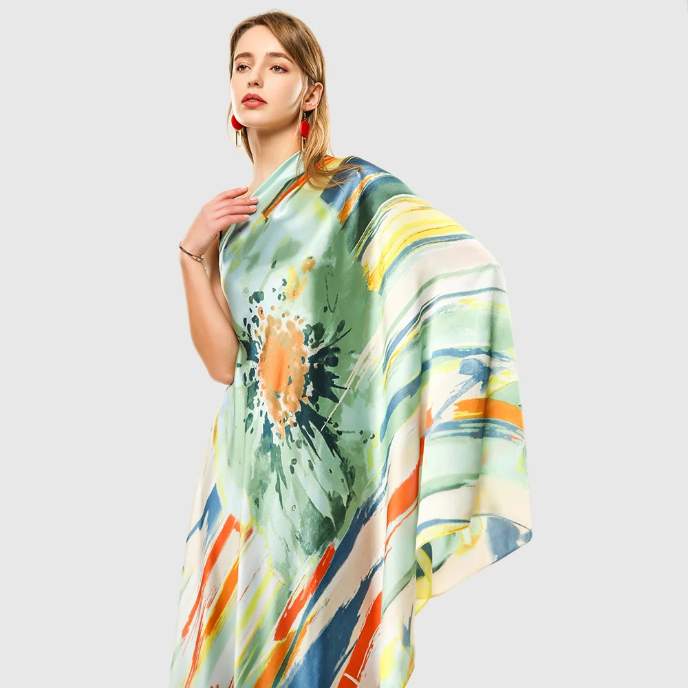 Colorful Silk Large Shawl Women Bright Smooth Beach Sarong Wrap Cover Female Protected Flower Neck Scarf 180*90 cm