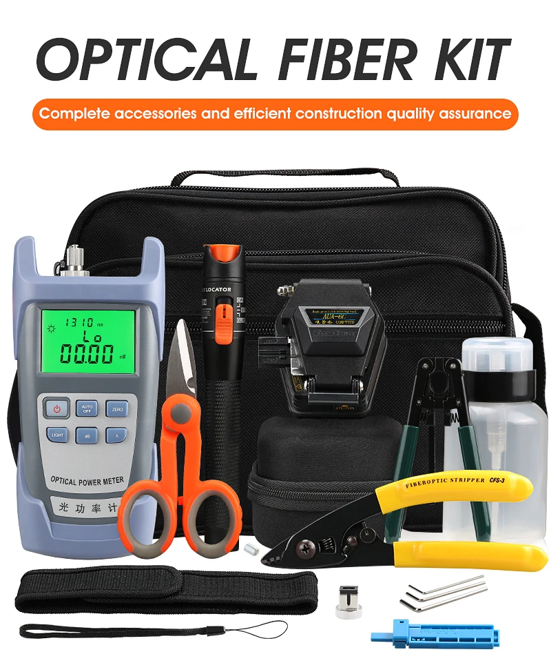 

FTTH Tool Kit with AUA-6C Fiber Cleaver Optical Power Meter 10mW Visual Fault Locator Fiber Optic Stripper