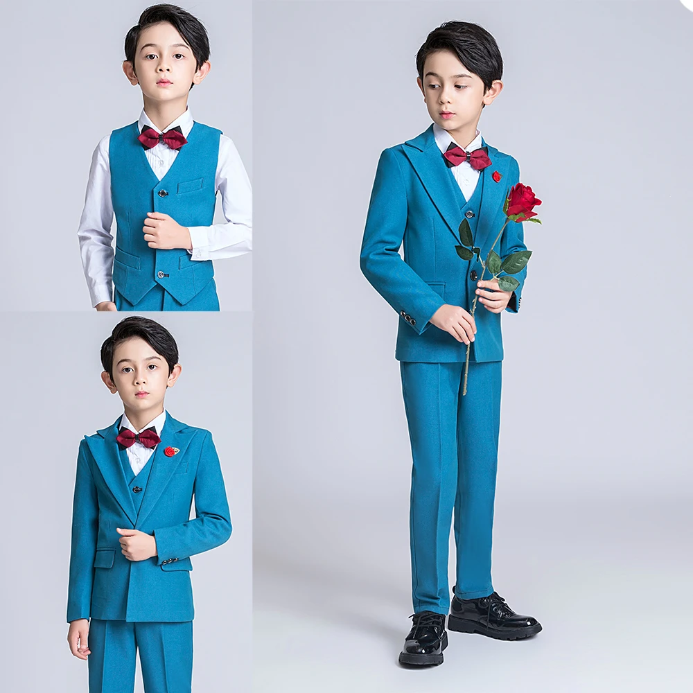 

Fomal Kids Suit Handsome Three Piece Custom Made Blue Birthday Children Tuxedos Double Button High Quality