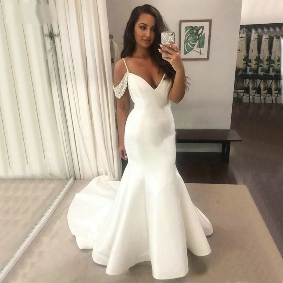 

ANGELSBRIDEP V-Neck Mermaid Wedding Dresses Vestido De Noiva Sexy Spaghetti Straps Satin Simple Design Cheap Bride Dresses