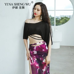 Belly Dance Practice Clothes 2 Piece Oriental Dance Team Suit Loose Short Sleeve Tops Print Long Wrap Skirt Summer New Design