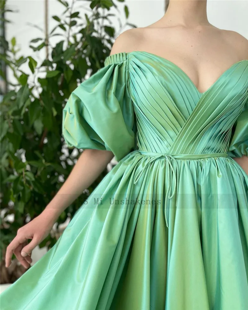 Green Satin Long Evening Dresses Women Couture Sweetheart Puff Short Sleeve Prom Gowns Split Side Party Wear Vestido de Festa