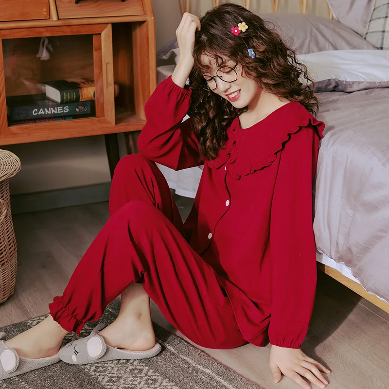 Women Full Cotton Pajamas Wedding Festive Red Pajama Sets Sleepwear Long Sleeve Top+Long Pants Pajamas Home Clothing Pyjamas