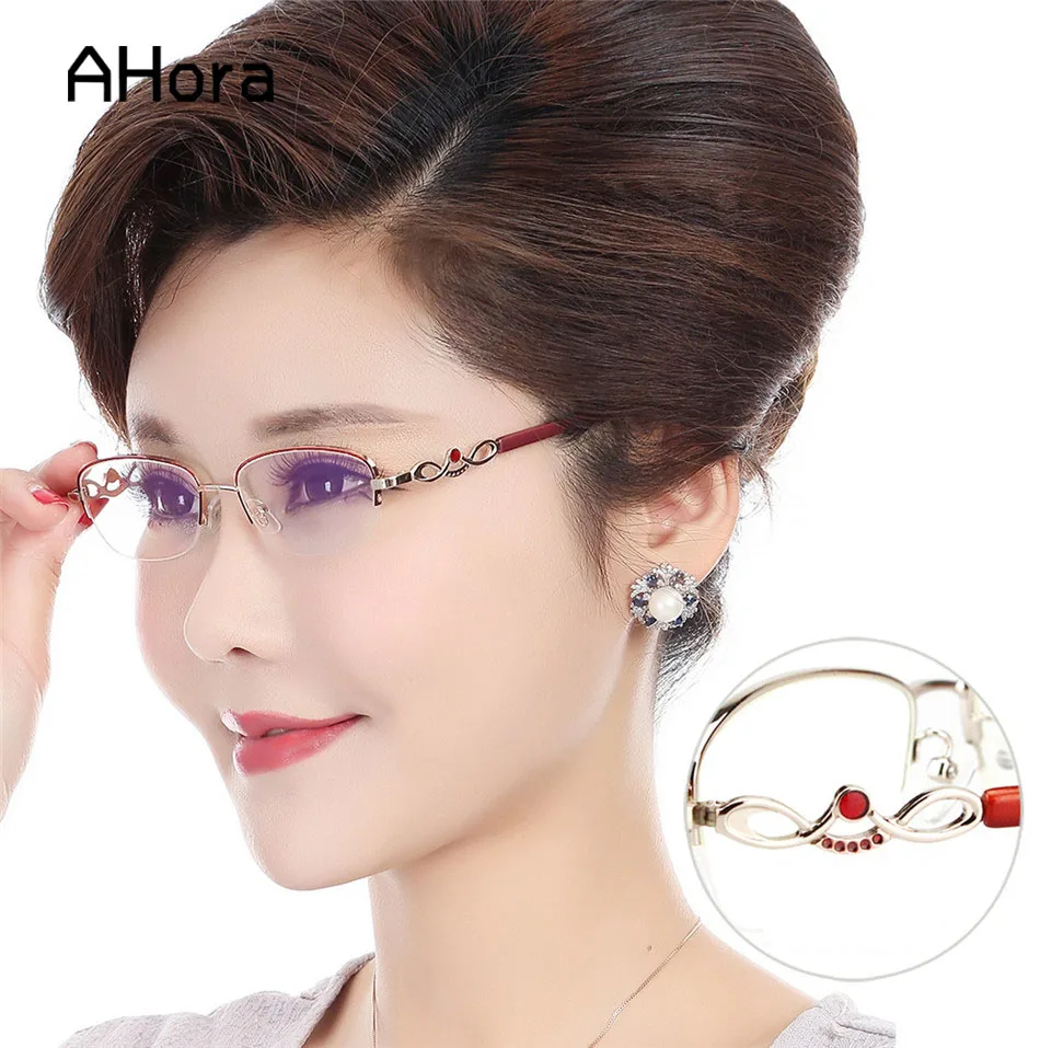 

Ahora Lady's Crystal Reading Glasses 2020 Fashion Ultralight Half Business Presbyopic Eyeglasses Optical Spectacle +1.0to+4.0