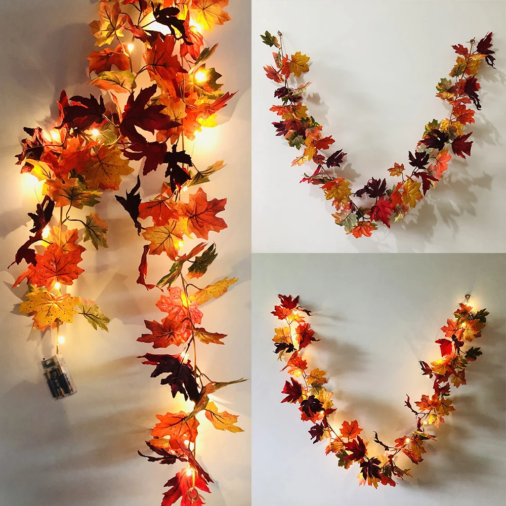 Halloween Xmas LED Light Fall Maple Leaves Garland Hanging Plant Home Decor