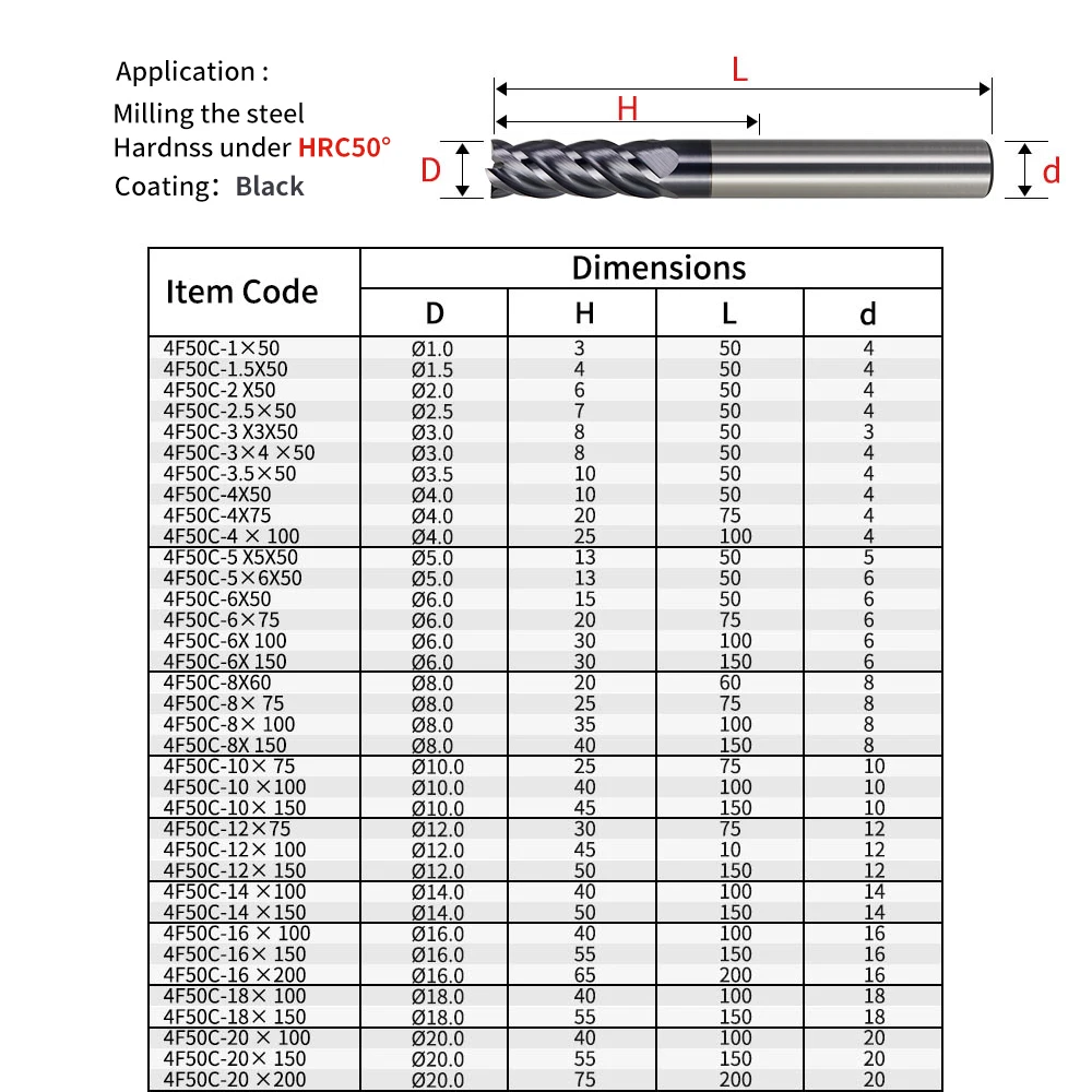 HRC50 Carbide End Mill Face Milling Cutting Tools Alloy Tungsten Steel Milling Cutters 8mm 6mm 10mm 4mm EndMills For CNC Machine