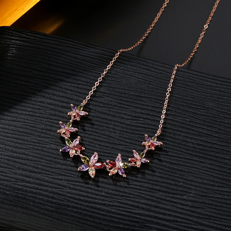 Women\'s Classic Shiny Colorful Zircon Pendant Necklaces Multicolor Flower Rose Gold Charming Necklace Pendants Jewelry Best Gift