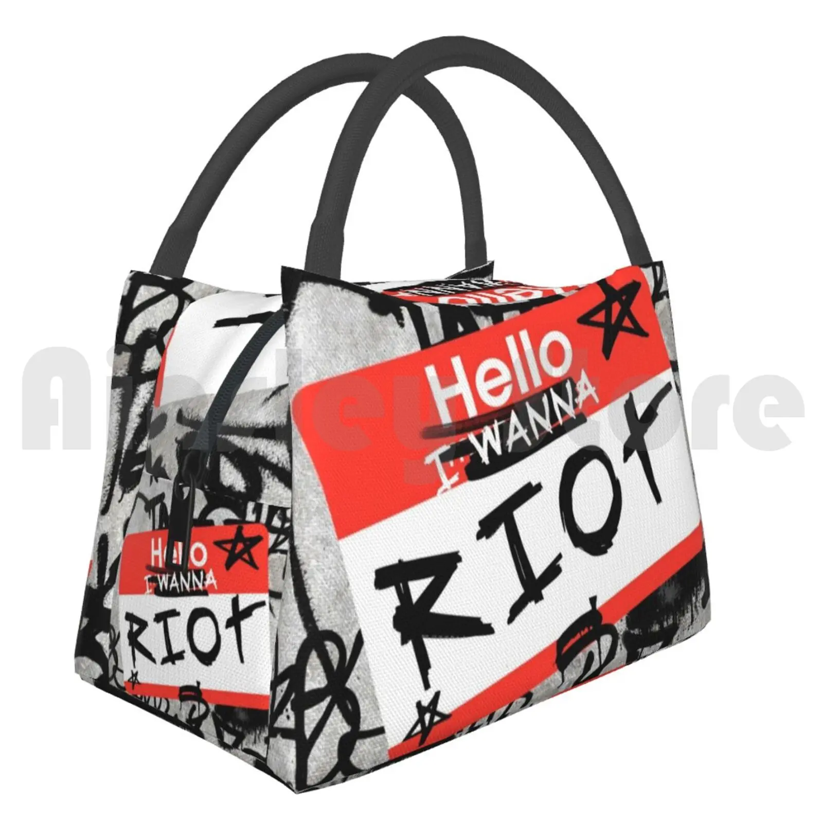 Portable Insulation Bag Hello , I Wanna Riot Graffiti Trashy Concrete Marker Wall Punk