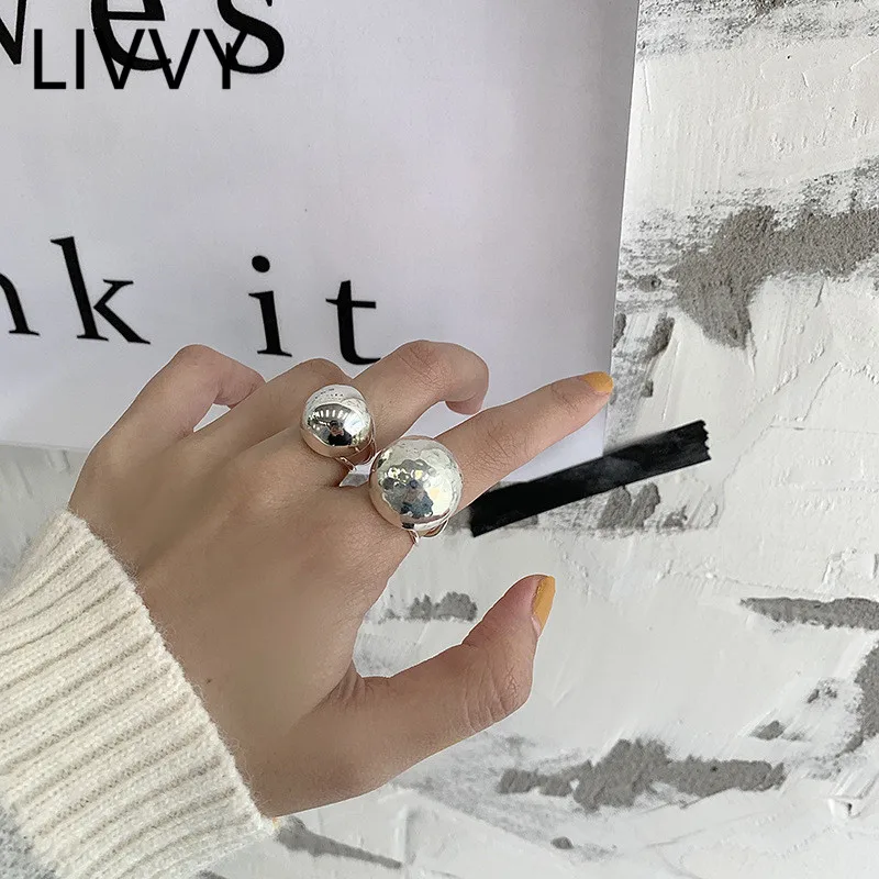 LIVVY Silver Color Large Ball Smooth Rings for Women Vintage Simple Handmade Opening Finger Fashion Jewelry Couple