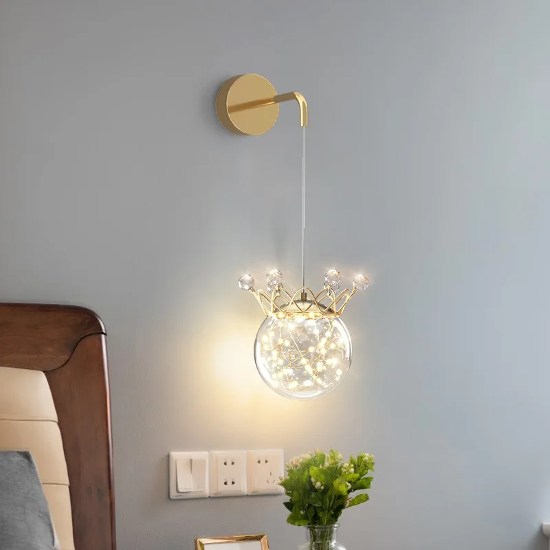 nordic coroa de cristal pendurado luz parede com gypsophila ac 220v led quarto lampada parede cabeceira para criancas quarto do bebe menina 01