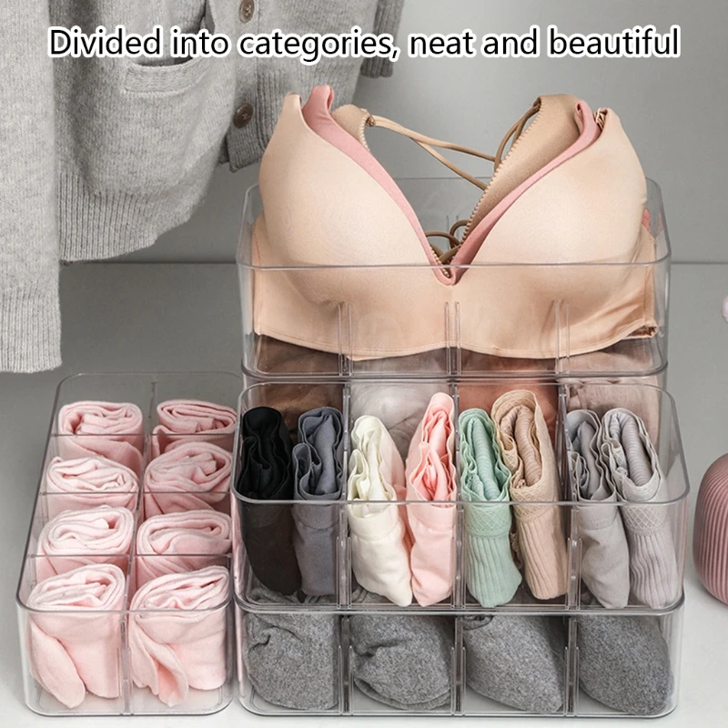 Clear Acrylic Underwear Drawer Organizer Box 4/8 Grids Compartment Divided Closet Storage Bin Stackable Shelf for Socks