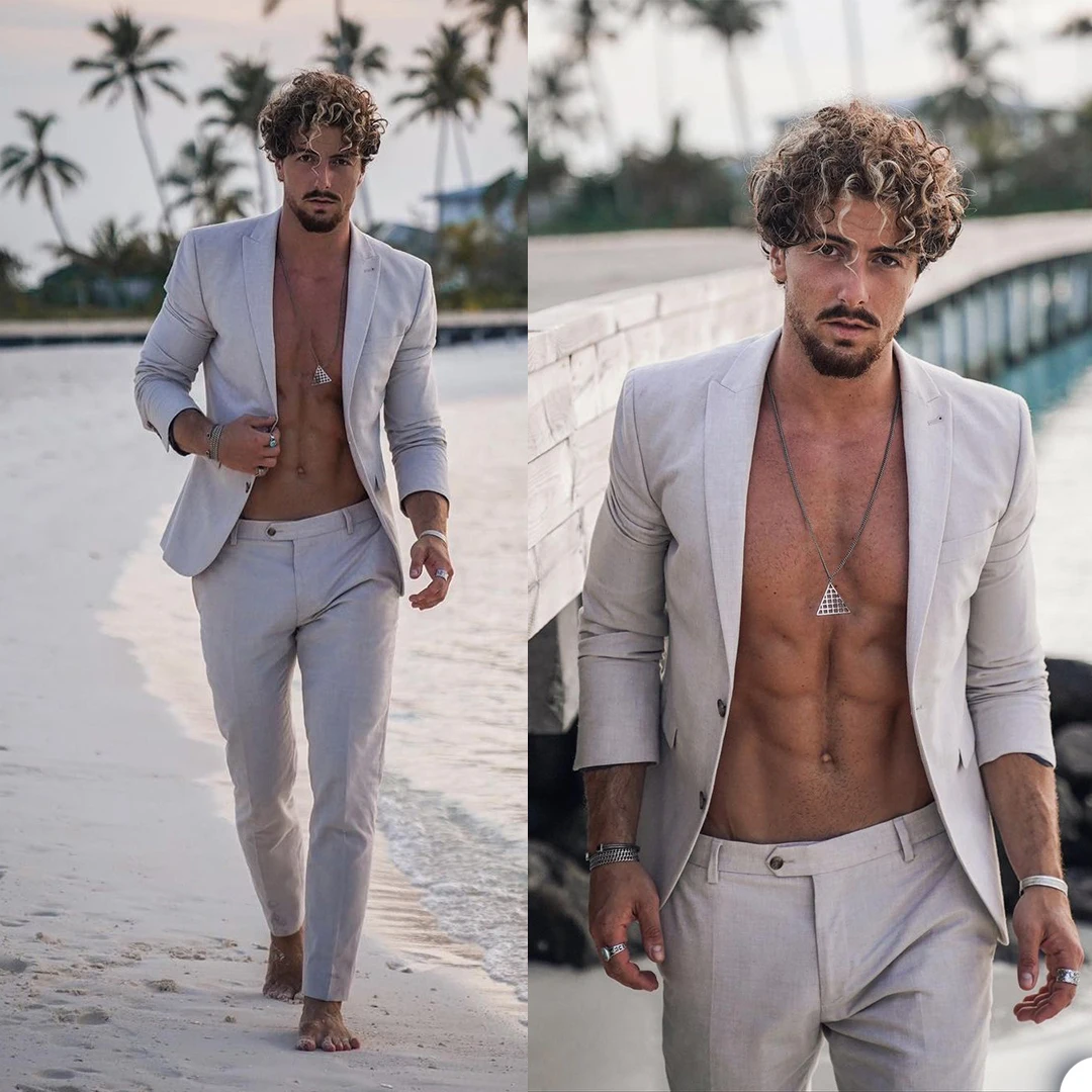 High Quality Summer Beach Tuxedos Slim Fit Groom Wedding Suits Mens Prom Party Outfit (Jacket+Pants)