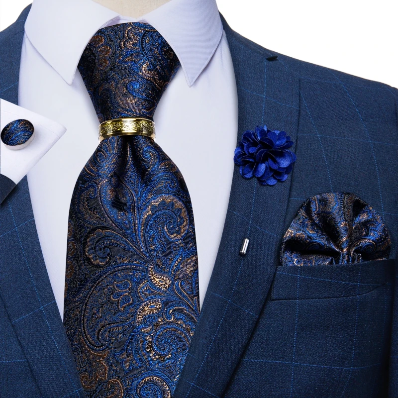 Luxury Blue Gold Paisley Silk Ties For Men Business Wedding Neck Tie Set With Tie Ring Brooch Pin Men\'s Cufflinks Pocket Square