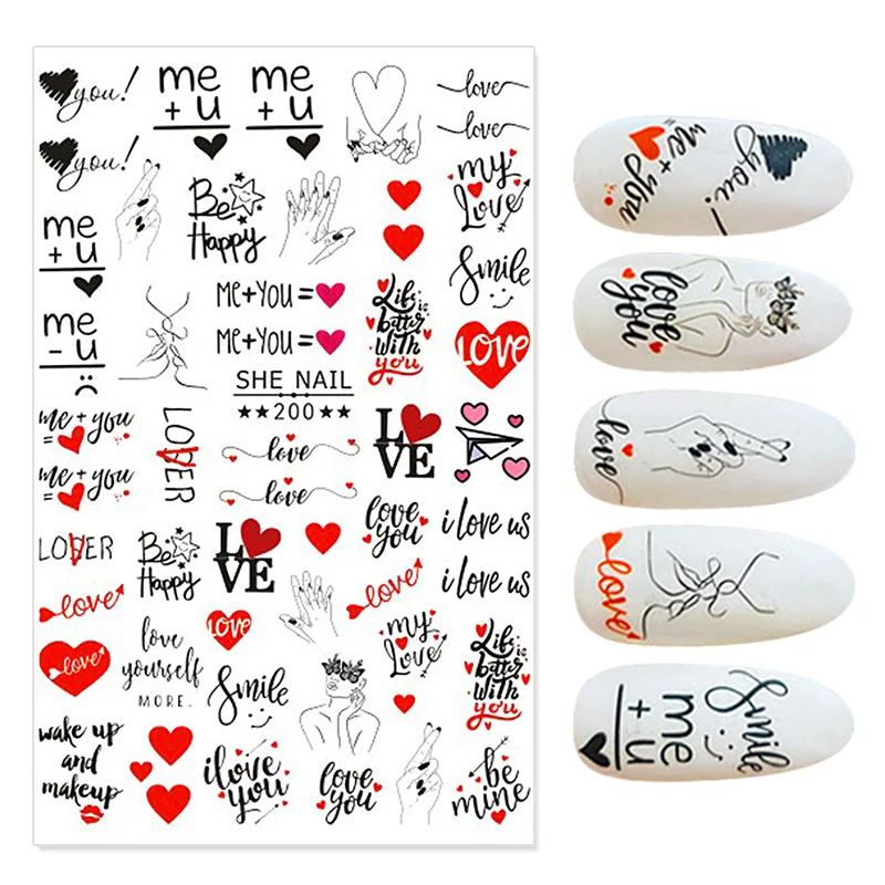 3D Love Heart Letter Valentines Sliders for Nails Manicures Flower Inscriptions Stickers for Nails Decal Nail Art Decoration