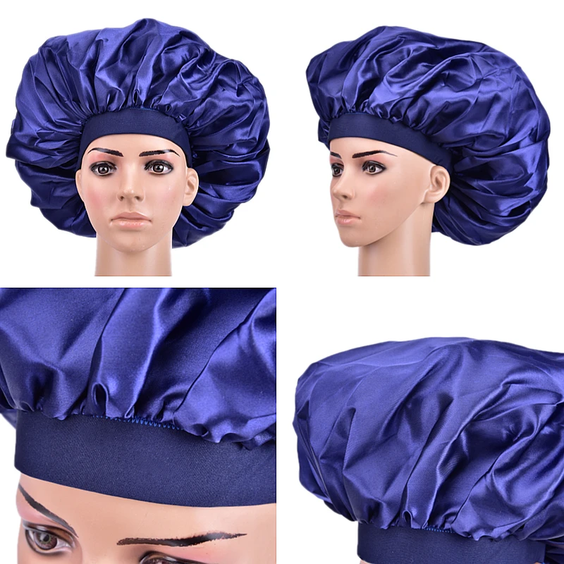 Gorro de dormir sedoso de satén Extra grande con banda elástica Premium para mujer, envoltura de cabeza de Color sólido, gorro de noche con ala