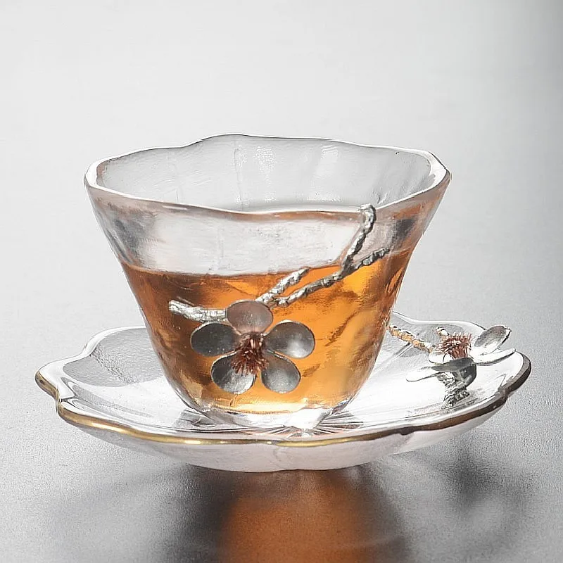 Heat Resistant Tea Cup with Coaster Tin Plum Flower Tea CupTransparent TeaCup, Small Tea Bowl, Japanese Style Master Cup