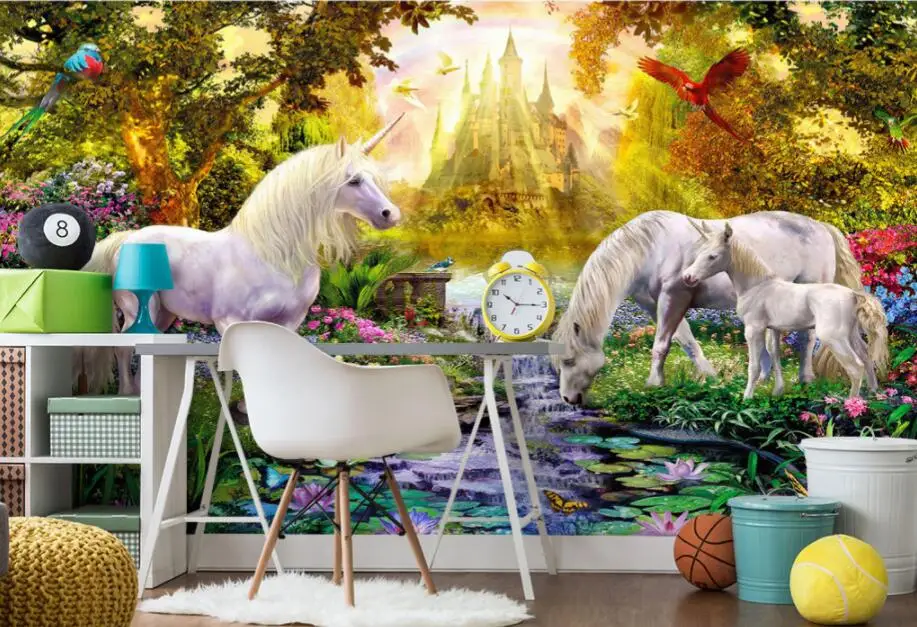 Bacal Photo Wallpaper Mural Sunlit Castle Forest Lotus Pond Water White Horse Animals Children wall 3d wallpaper papier peint