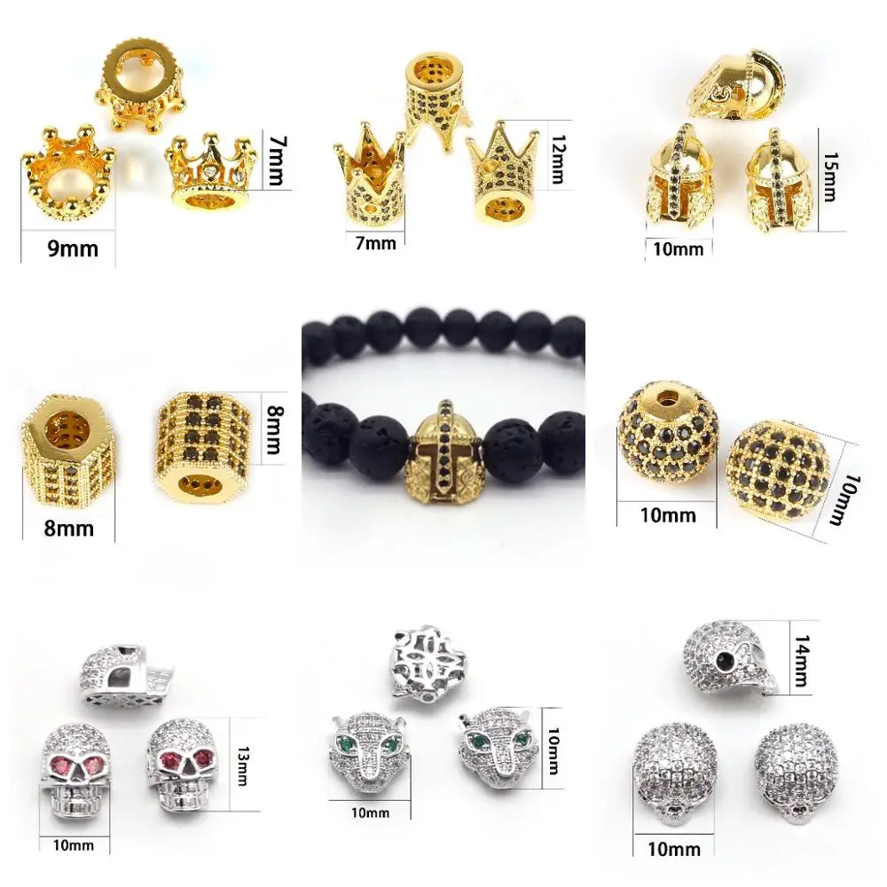 Metal Copper Zircon Crystal CZ Geometry Crown Leopard Helmet Skull Loose Spacer Beads for Jewelry Making DIY Charm Bracelets