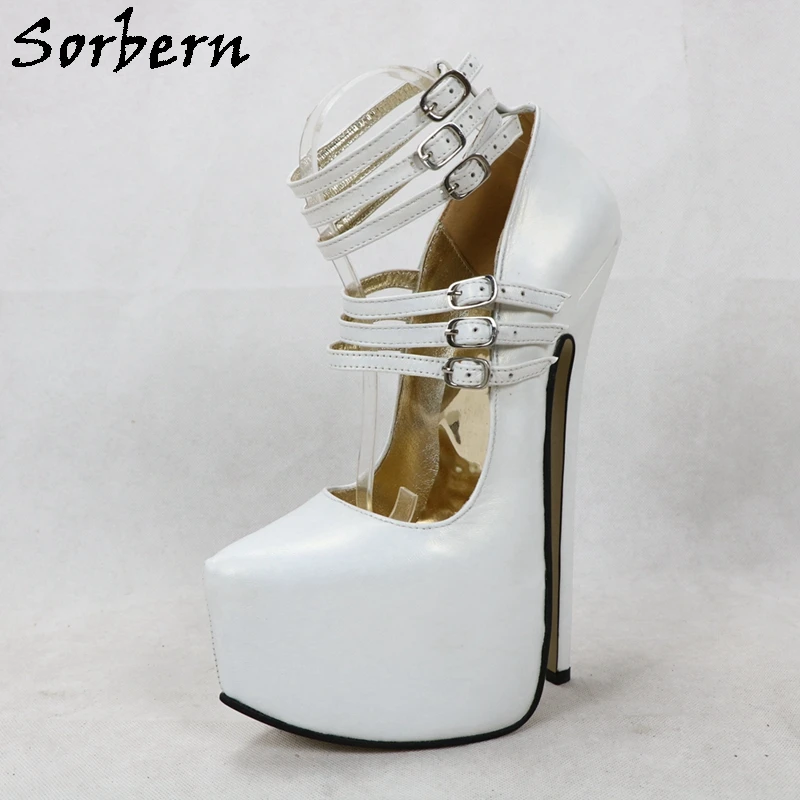 Sorbern Sexy bianco opaco pompa scarpe da donna 22Cm tacchi alti cinturini tripli punta a punta piattaforma vera pelle Mary Janes scarpe da donna