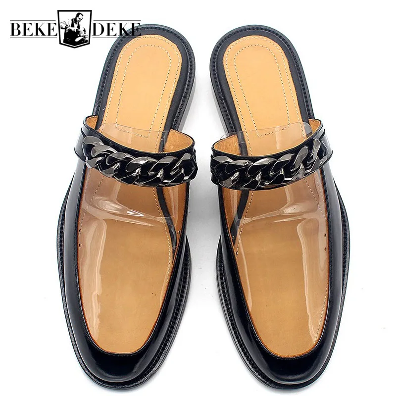 

Runway Designer Mens Handmade Chain Transparent Slippers Cowhide Genuine Leather Slip On Sandals Flats Casual Mules Slides Shoes