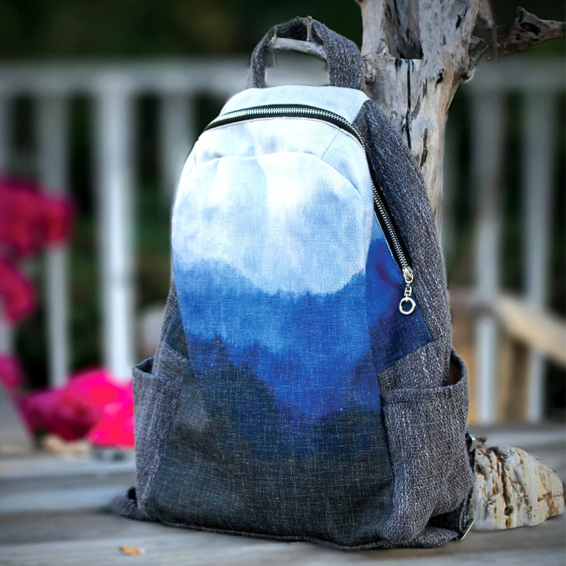 Quente azul-tingido algodão cânhamo mochila casual retro mochila étnica sacos moda arte unisex mochila