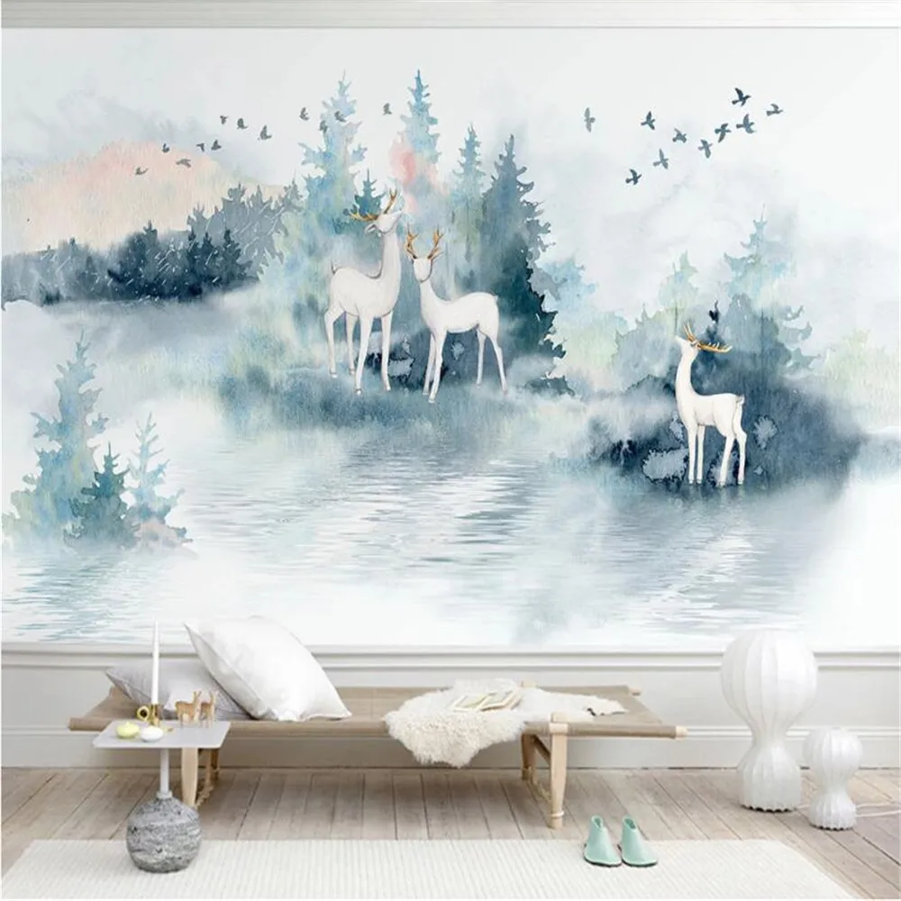 Milofi custom large mural wallpaper wall covering Nordic minimalist abstract mountain range forest deer bird background wall