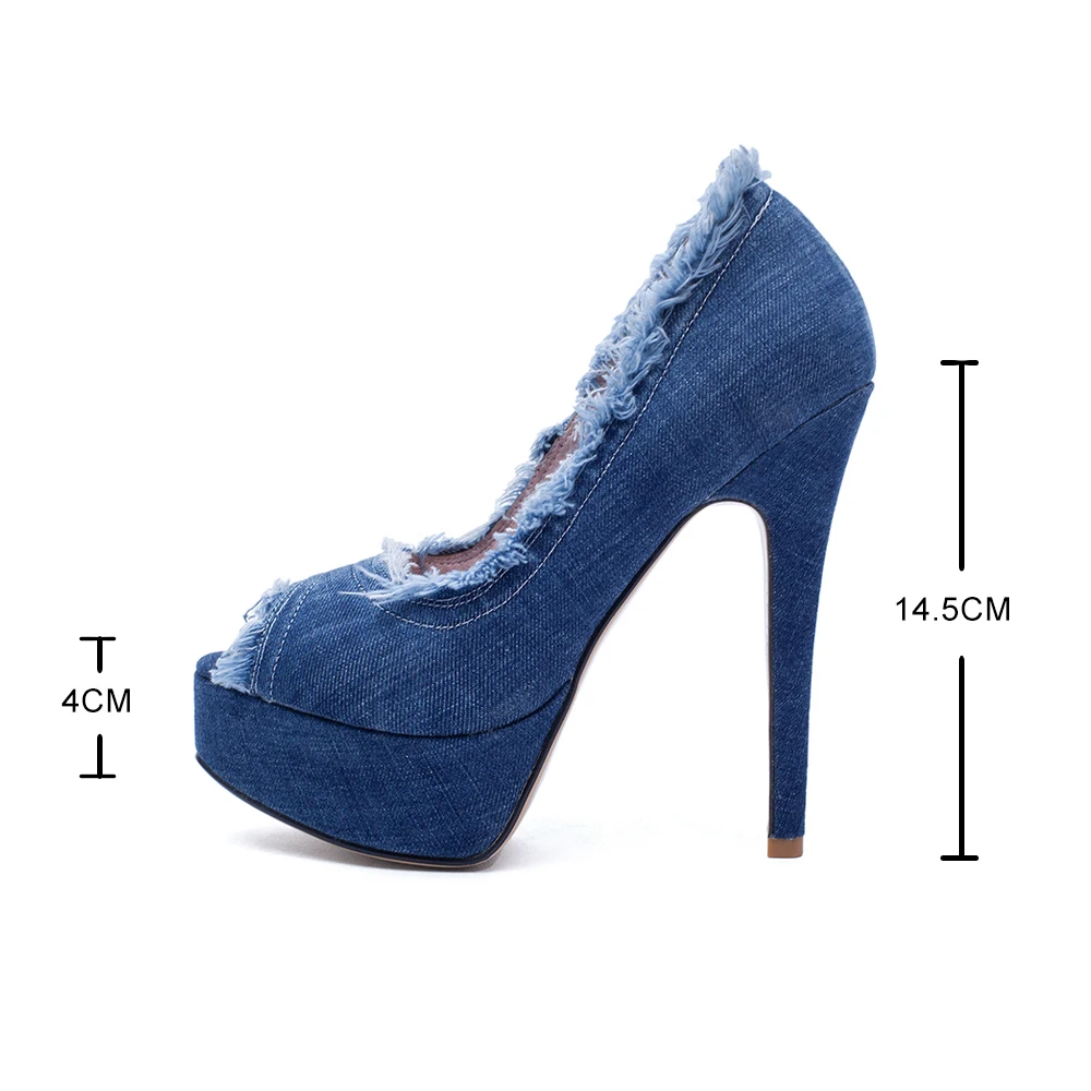 Women Denim High Heels Party Platform Shoes Fish Mouth Spring Pumps Woman Open Toe Slip On Thin Heels Female Dress Stilettos 41