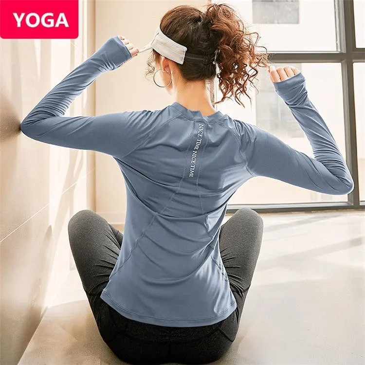 Atasan Yoga Crop Jaket Olahraga Yoga Mantel Wanita Baju Lari Lengan Panjang Atasan Musim Semi Musim Panas Camisetas Wanita