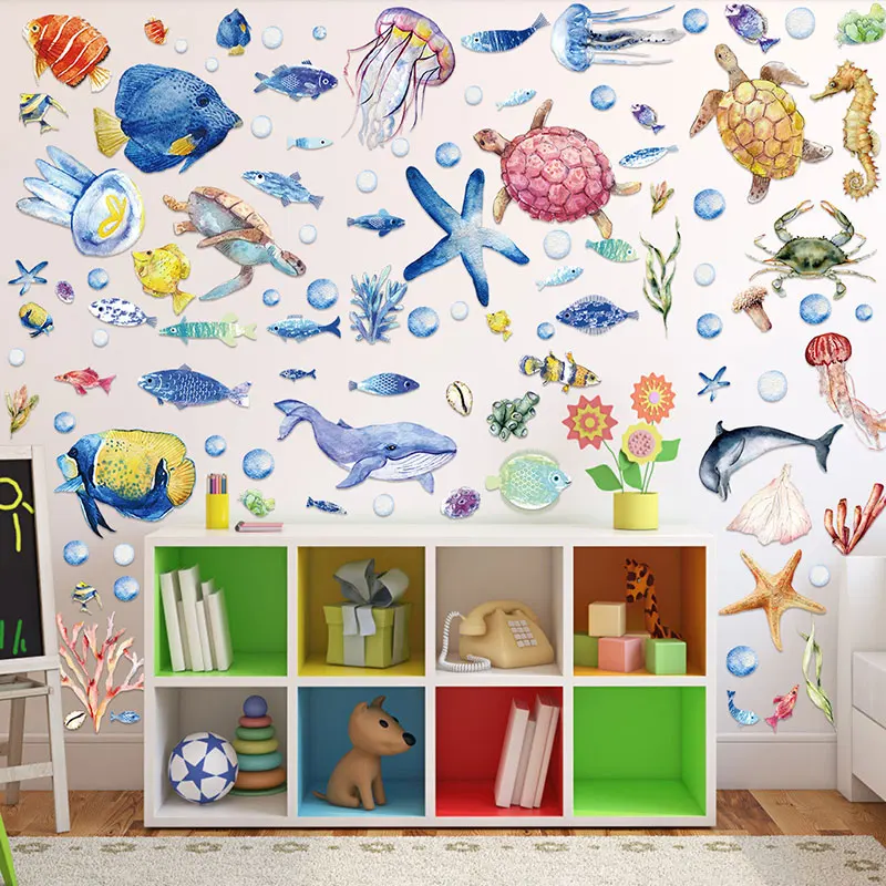 Cartoon Marine Life Wall Stickers for Kids rooms Bathroom Wall Decor Shark Jellyfish Sea Animals DIY Wall Decals for Home Decor