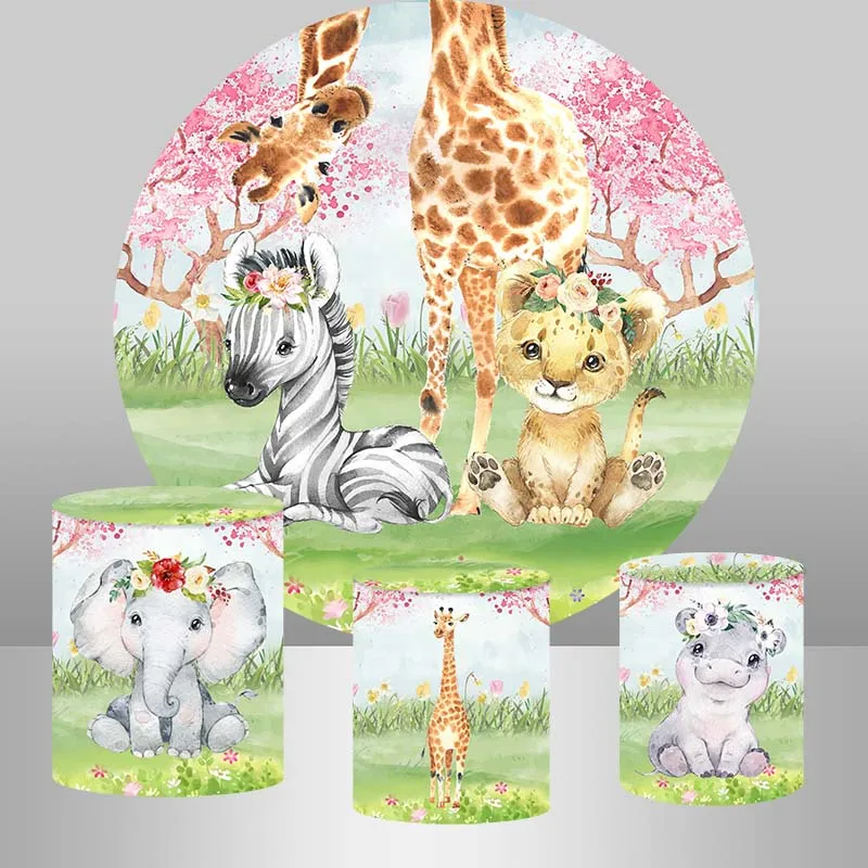 

Safari Party Baby 1st Birthday Background Banner Animals Circle Round Backdrop Cover for Party Decor Cake table Cylinder Cover