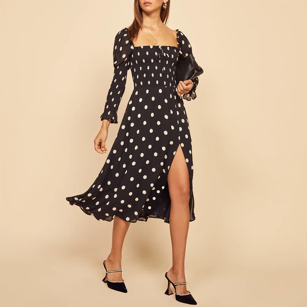 

Woman Dress 2020 Spring Summer Polka Dot Elegant Vintage Dress Square Neck Tie Puff Sleeve Smocked Sexy Slit Chiffon Midi Dress