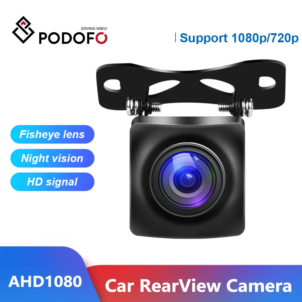 Podofo AHD 1080P Vehicle Rear View Camera Car Reverse Black Fisheye Lens Night Vision Waterproof Universal With Parking Line