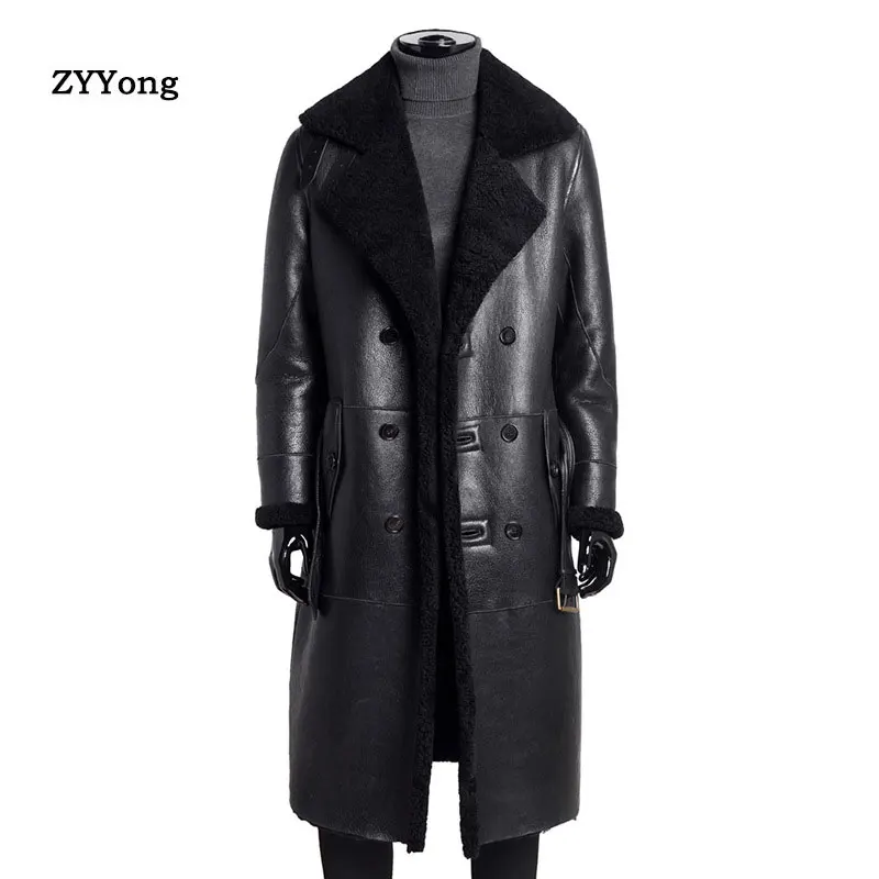 Warm Winter Sheepskin Trench Coat Men Leather Jacket Classic Fur Long Windbreaker Brand Luxury Real Leather Coat Brown Clothing