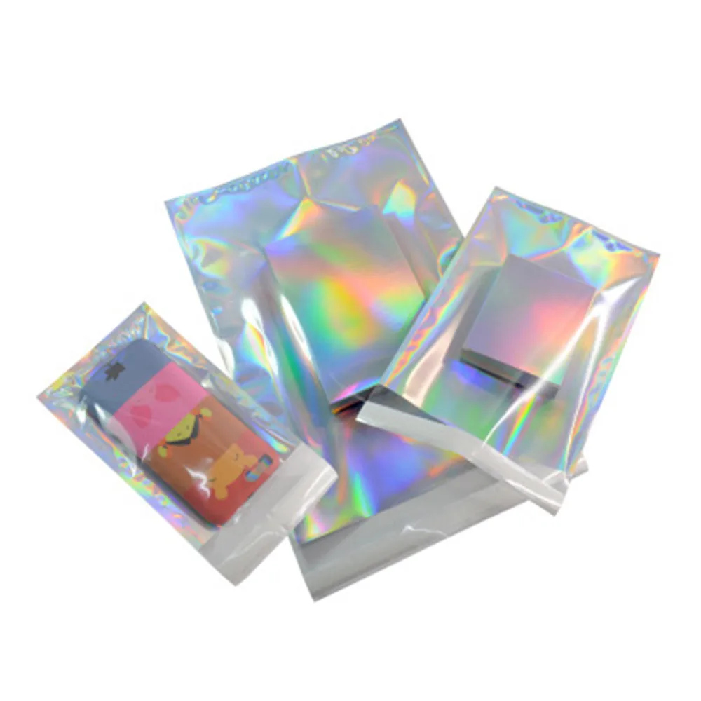 50Pcs Clear Plastic Glittery Silver Mylar Foil Self Adhesive Bag Gift Shipping Postal Grocery Craft Packaging Disposable Pouches