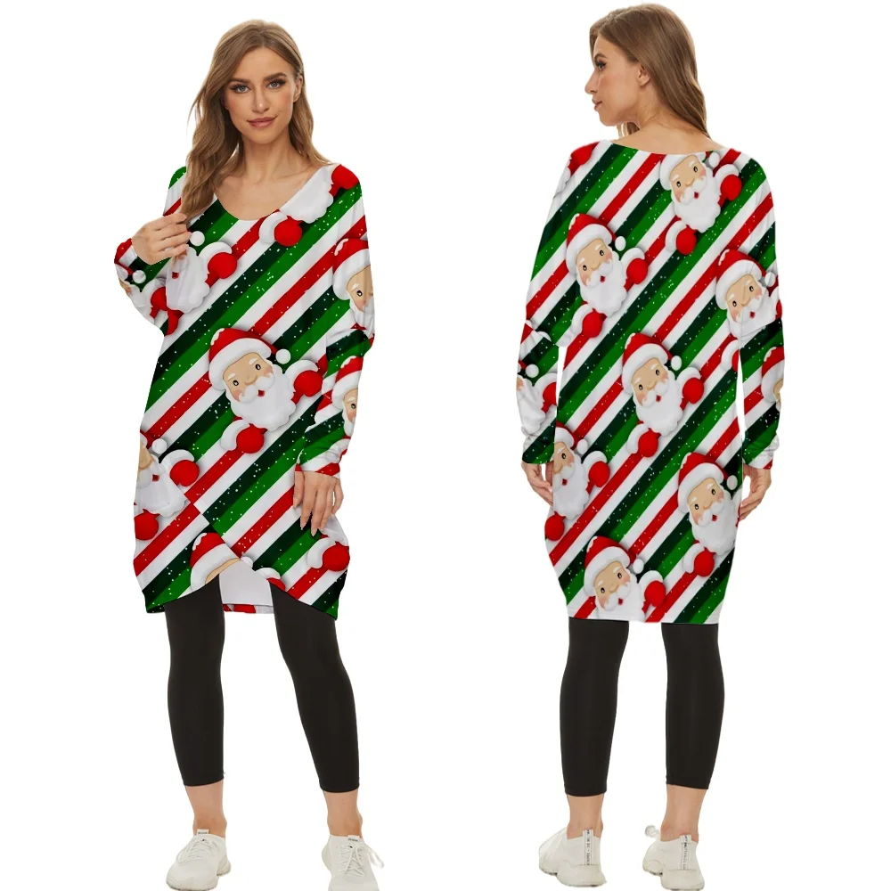 SOJINM Women Clothing Long T-shirt Christmas Santa Claus Printed V-neck Long Slit Women's T-shirt Casual Tops Long Sleeve Tee