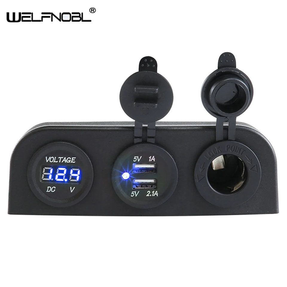 Upgraded Dual Cigarette Lighter Socket Waterproof 12V Dual USB Charger Power Adapter Outlet with Voltmeter