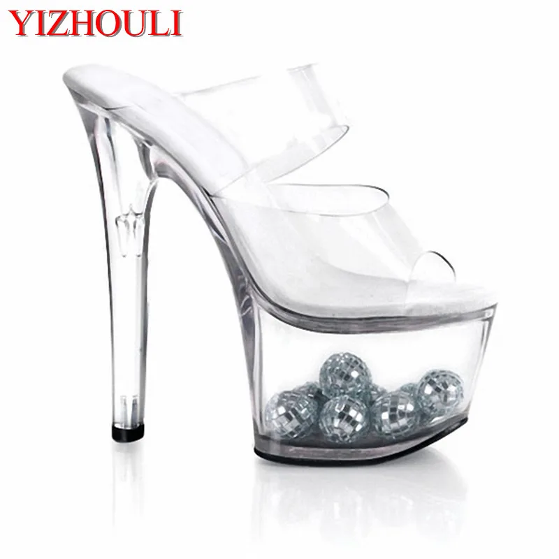 17 cm crystal sandals with transparent waterproof soles and 7 inch high catwalk slippers for models