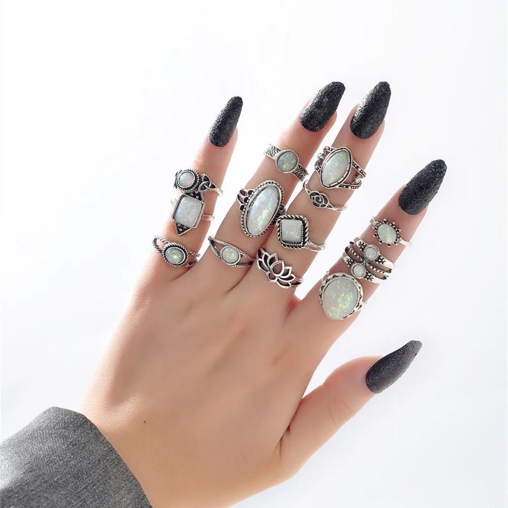 LXY-W New Boho Vintage Silver-plate Geometric White Stone Lotus Set Ring per le donne Fashion Trendy Personality Girl Jewelry Gift