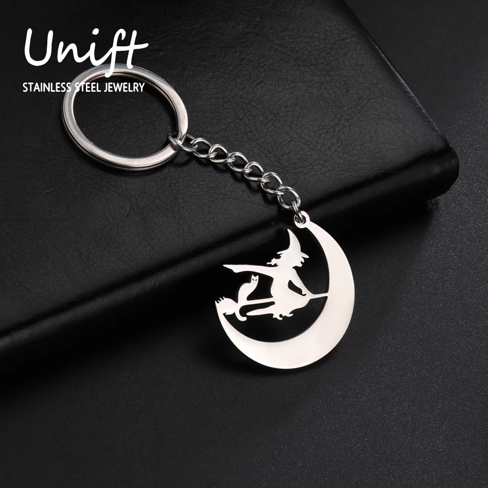 Unift Cat Broom Moon Witch Keychain Witchcraft Stainless Steel Car Key Chain Magical Supernatural Jewelry for Women Men Gift