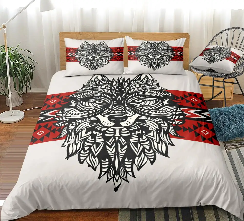 

Wolf Bedding Set Ethnic Style Duvet Cover Set Retro Geometry Beds Set Wolf Head Home Textiles Microfiber For Boys Kids Bedspread