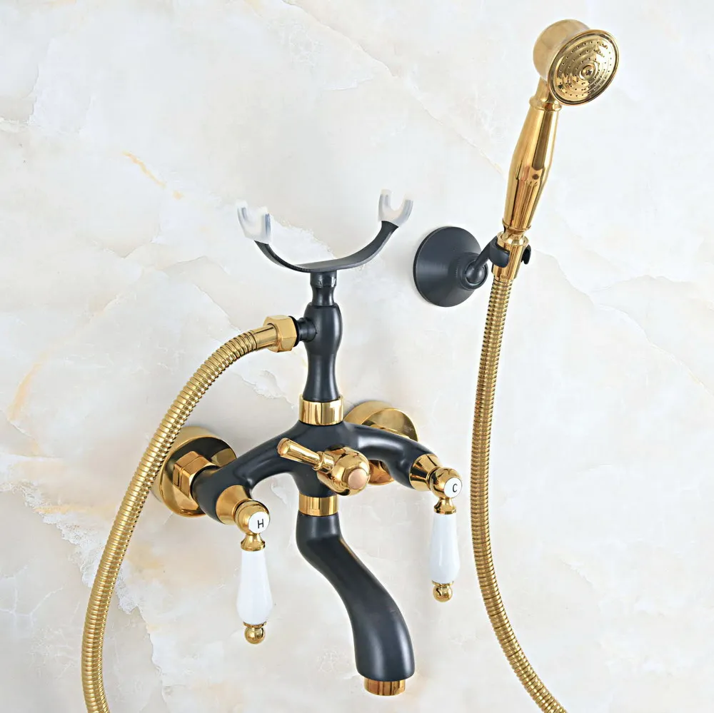 Black Gold Bathtub Faucet Wall Mount Handheld Bath Tub Mixer System with Handshower Telephone Style zna542