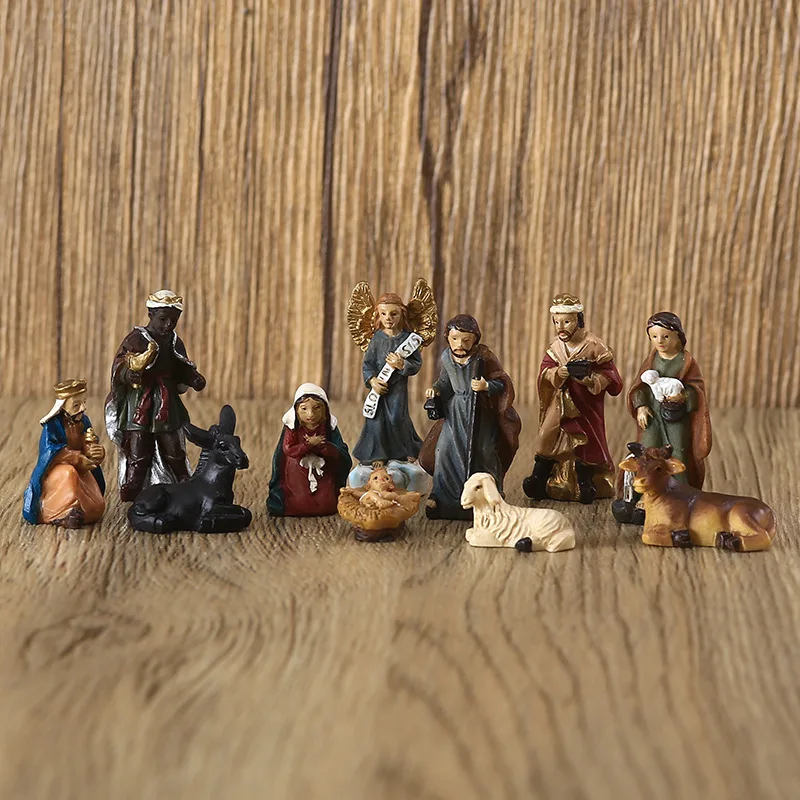 11Pcs/set 3cm Manger Set Religious Decoration Mini Ornaments Holy Child Nativity Resin Crafts