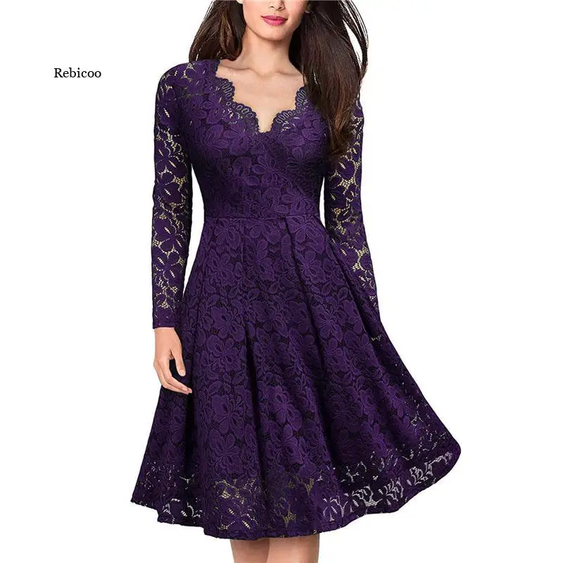 Elegant Sexy Dress for Women Vintage Lace Long Sleeve V Neck Black Blue Robe Femme Casual Dresses Woman Party Night New